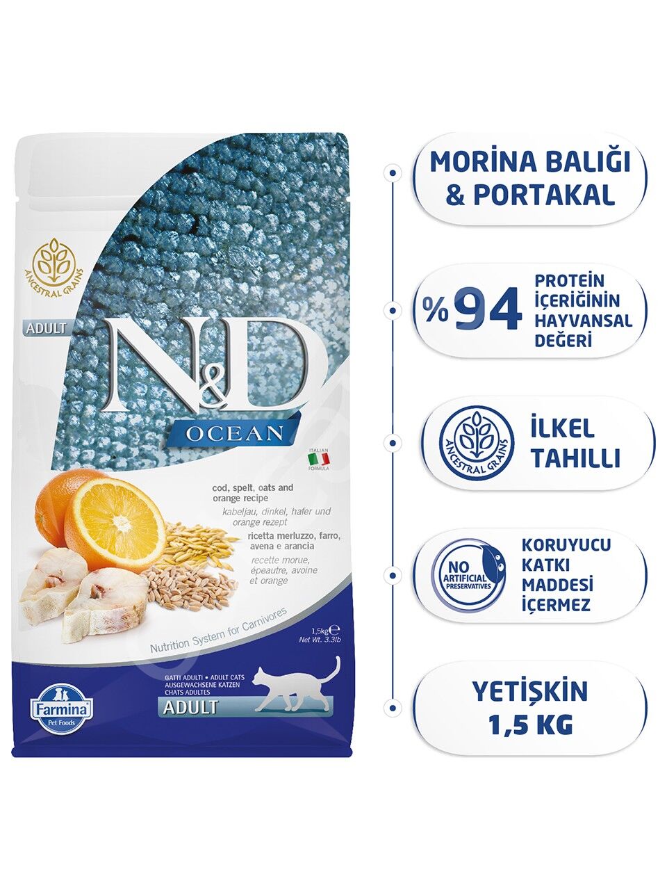 N&D Ocean Düşük Tahıllı Morina Balıklı ve Portakallı 1.5 kg Yetişkin Kedi Maması