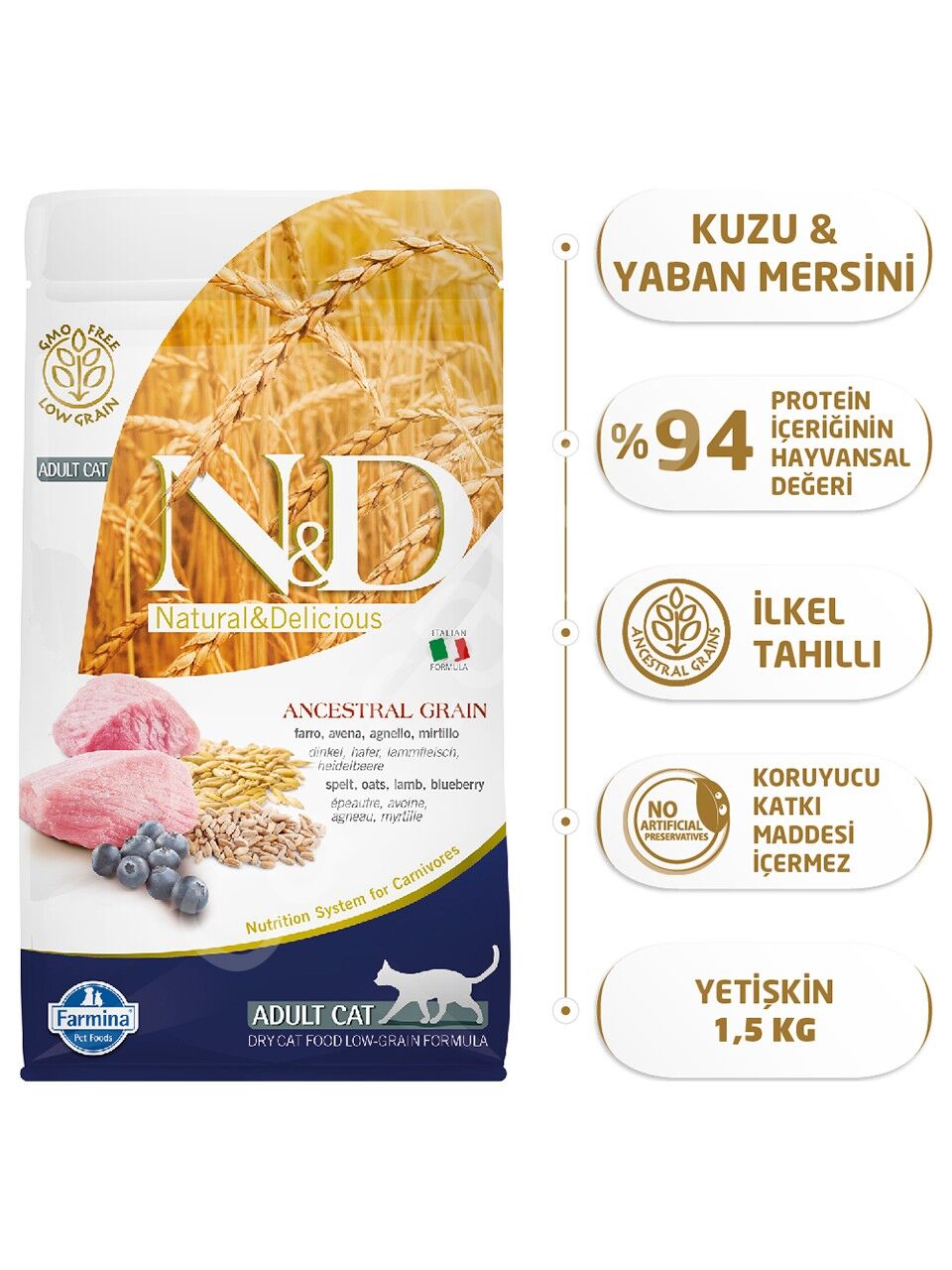 N&D Düşük Tahıllı Kuzu Etli ve Yaban Mersinli 1.5 kg Yetişkin Kedi Maması