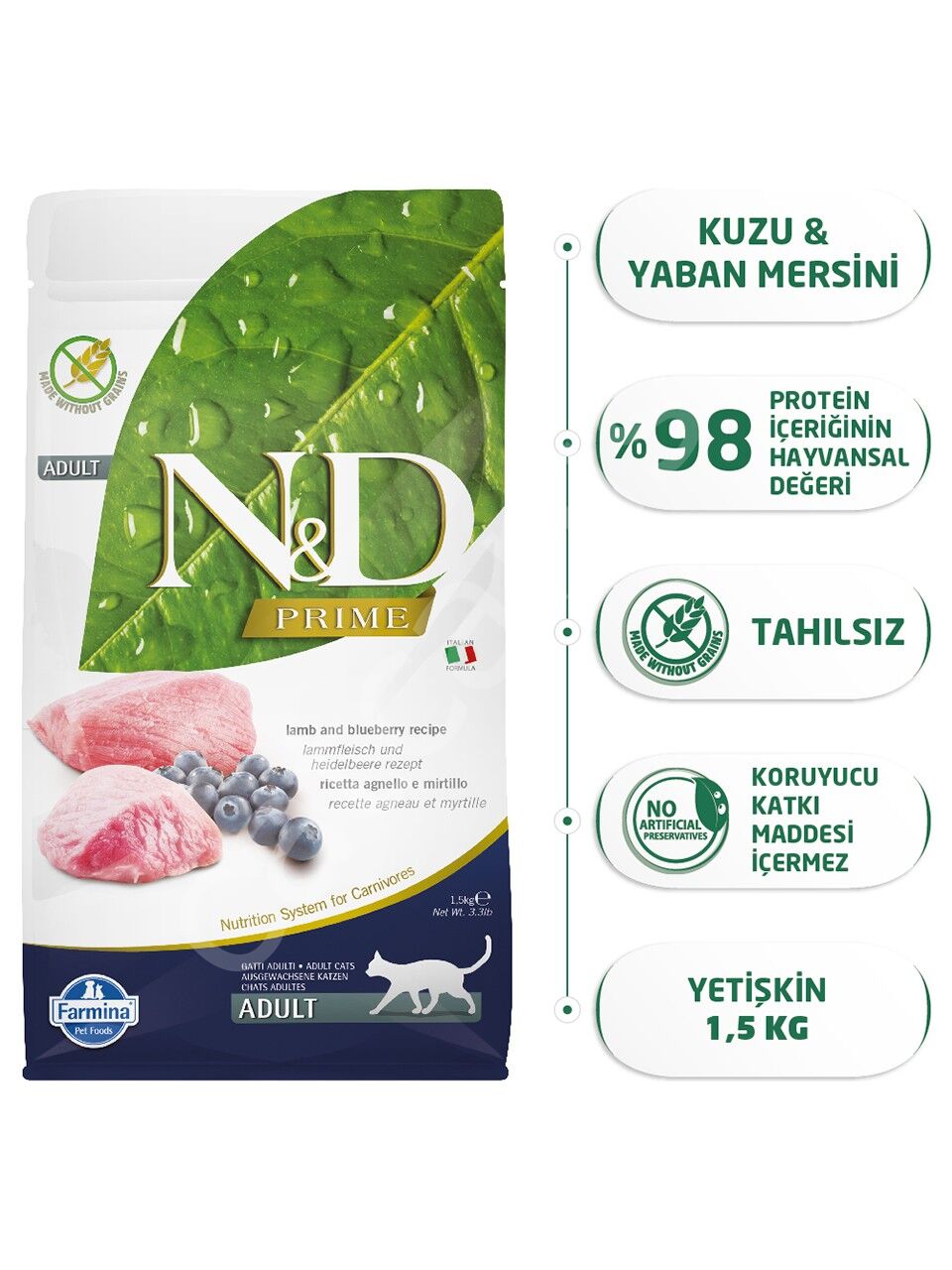 N&D Prime Tahılsız Kuzu Etli ve Yaban Mersinli 1.5 kg Yetişkin Kedi Maması