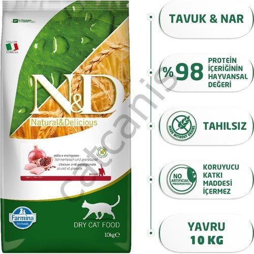 N&D Tahılsız Tavuk Etli ve Narlı 10 kg Yavru Kuru Kedi Maması